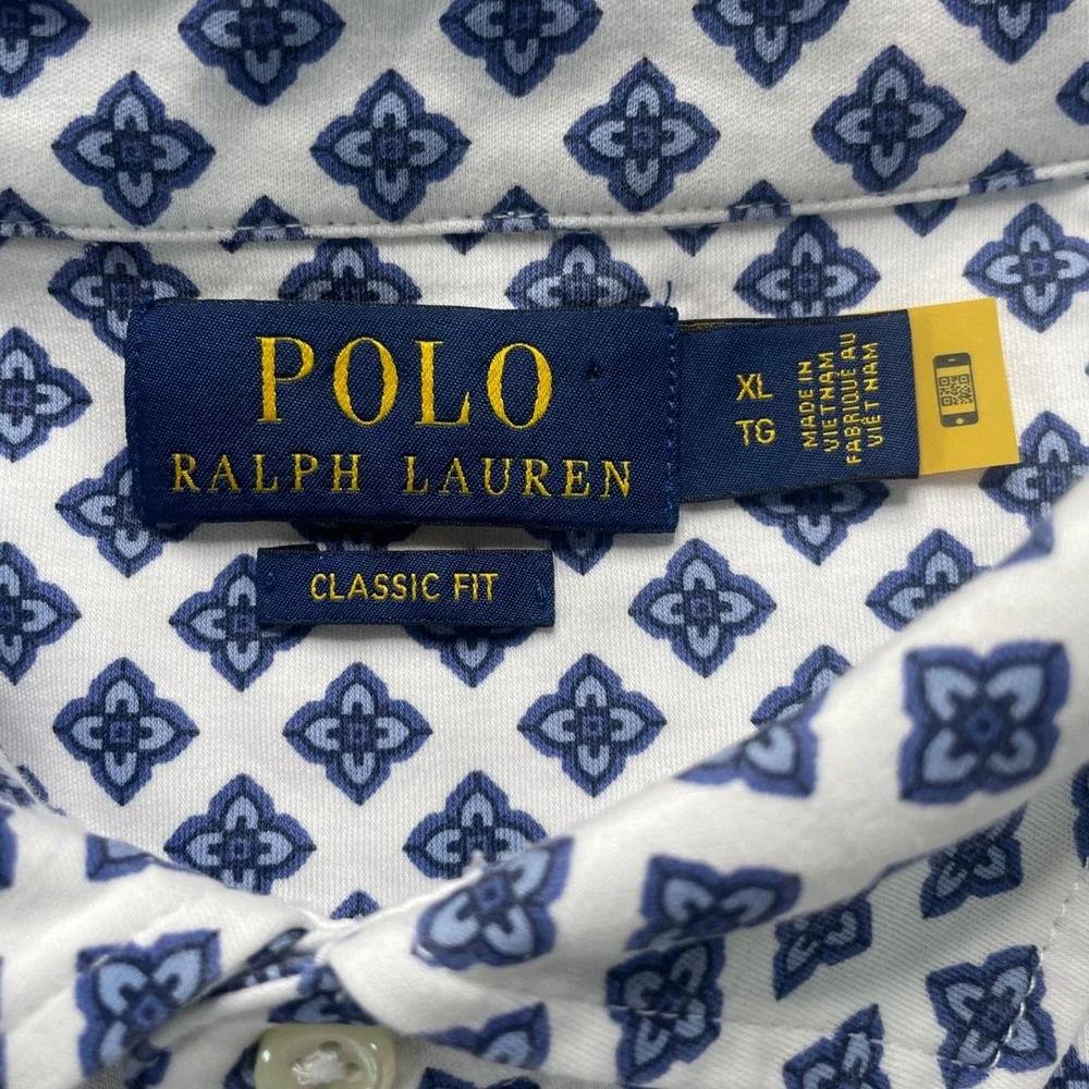 Polo Ralph Lauren Polo Men XL White Blue Geometric Medallion Classic Fit Cotton
